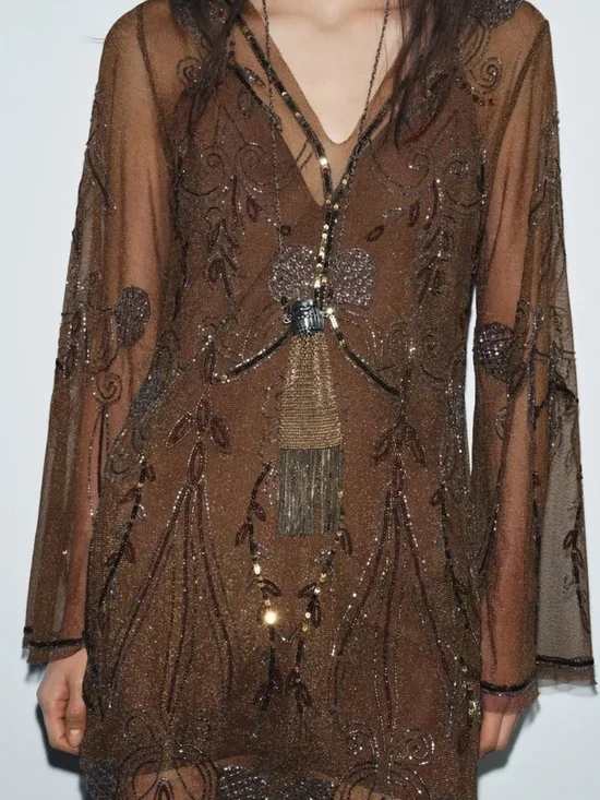 Zara Brown Sheer Beaded V-Neck Mini Dress - Picture 3 of 9